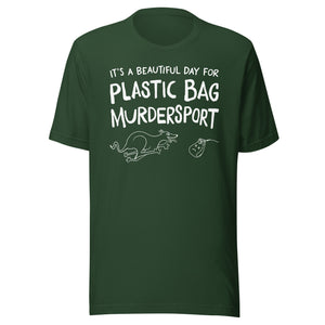 unisex t-shirt: plastic bag murdersport (sighthound version)  (WHITE print)