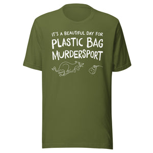 unisex t-shirt: plastic bag murdersport (sighthound version)  (WHITE print)