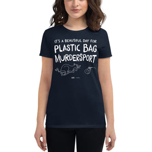 Open image in slideshow, women&#39;s fitted t-shirt: plastic bag murdersport (sighthound)

